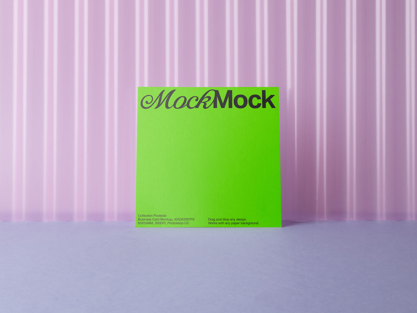 Square card mockup with bright green design and MockMock header