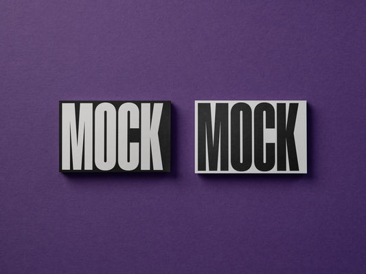 Two business cards mockup with 'MOCK' text and bold dark shadow