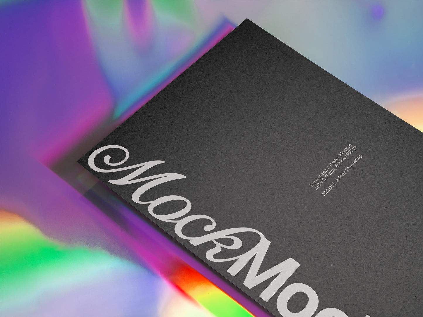 Black stationery card mockup with large diagonal MockMock logo.
