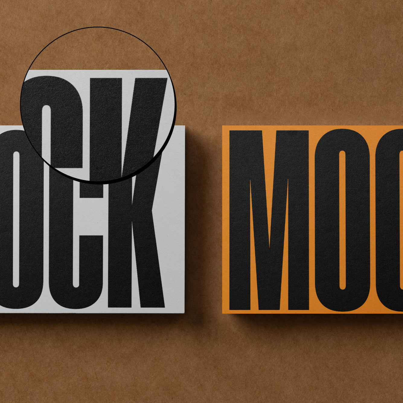 A4 letterhead mockup, close-up of bold 'MOCK' letters on white sheet