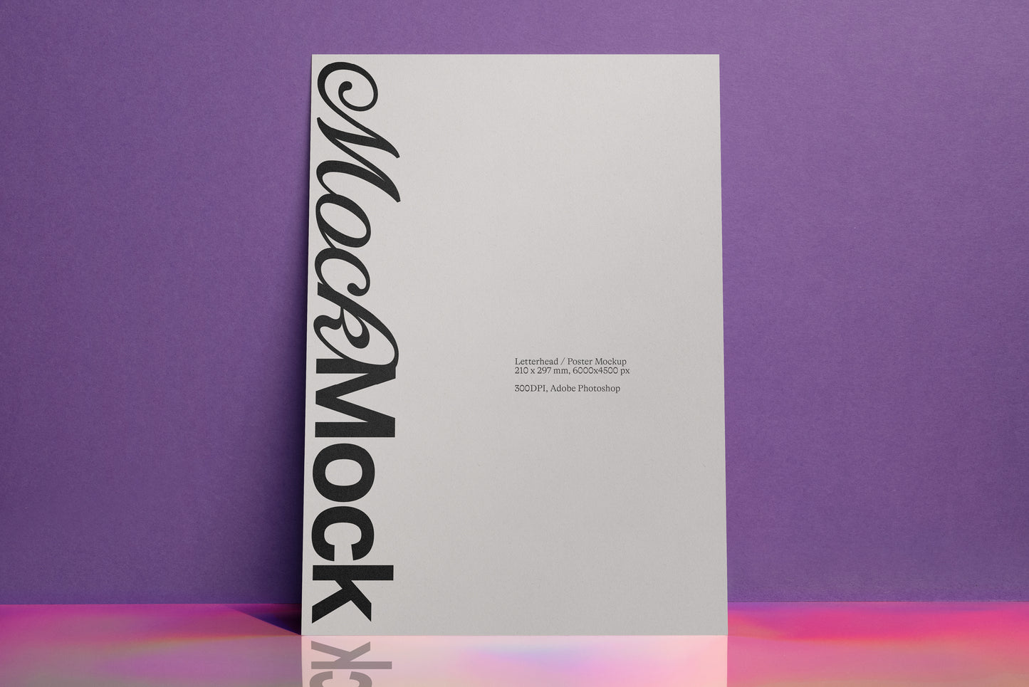 White A4 letterhead poster mockup sheet with vertical dark title text and small footer
