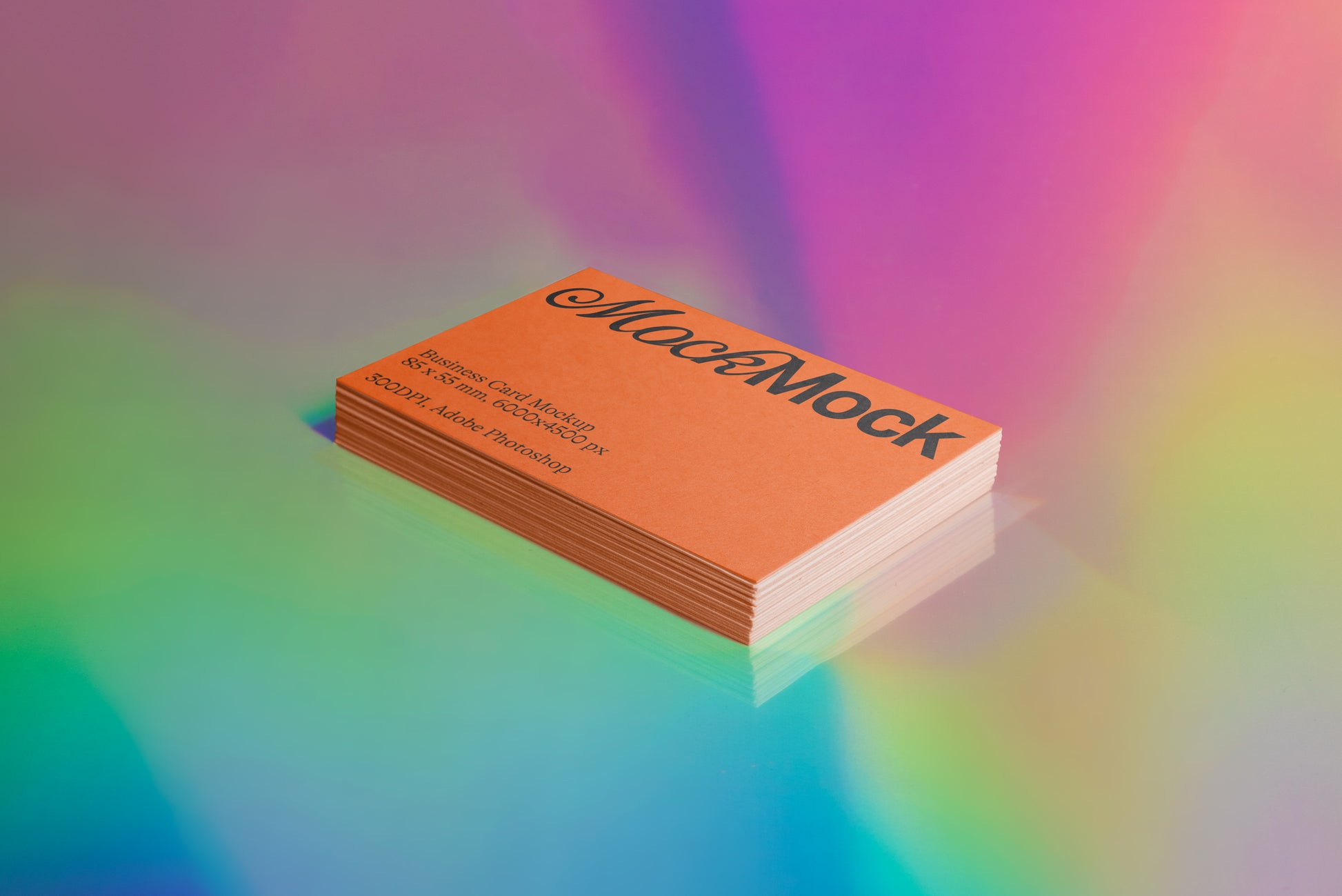Business card mockup: orange card stack with dark text and mockup logo