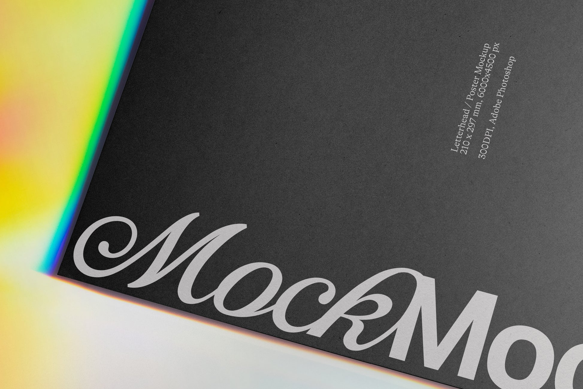 Black A4 letterhead mockup sheet, angled view with large script logo and print