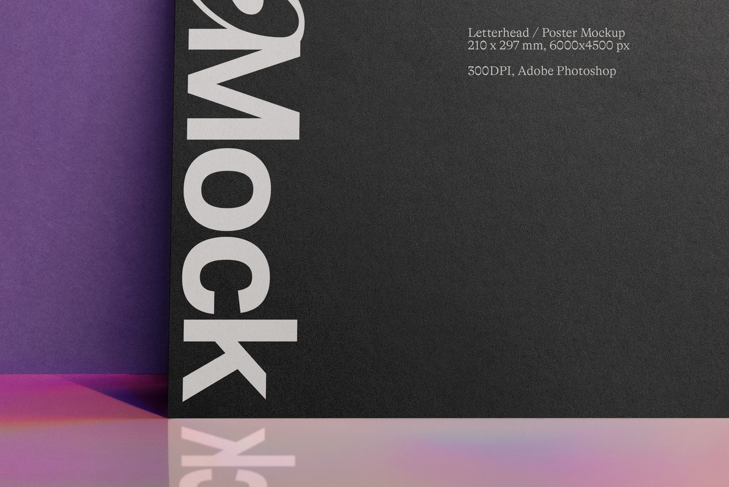 Dark A4 letterhead poster mockup sheet with vertical light title text