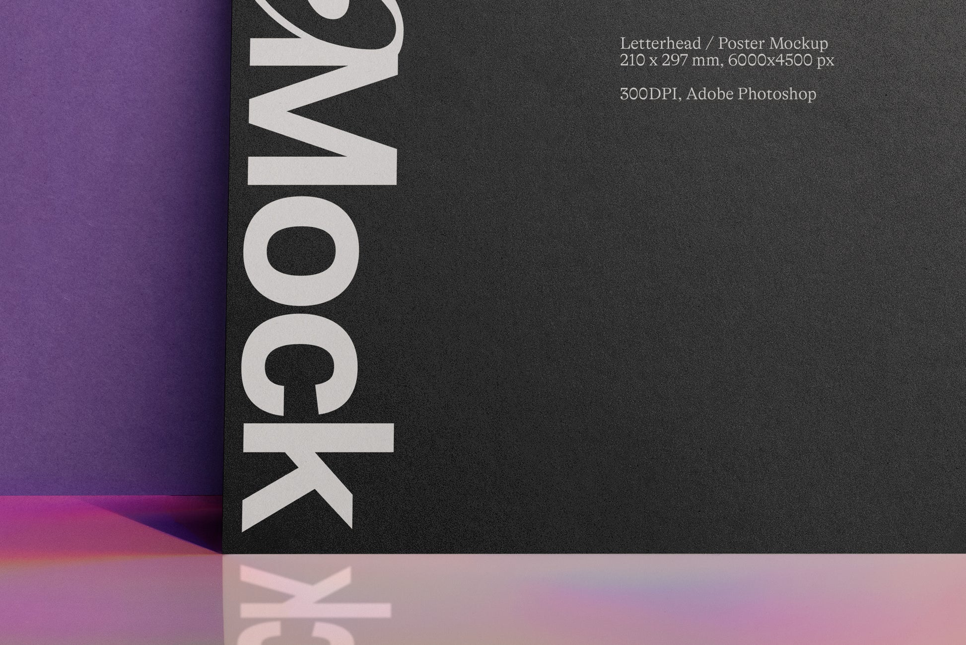 Dark A4 letterhead poster mockup sheet with vertical light title text