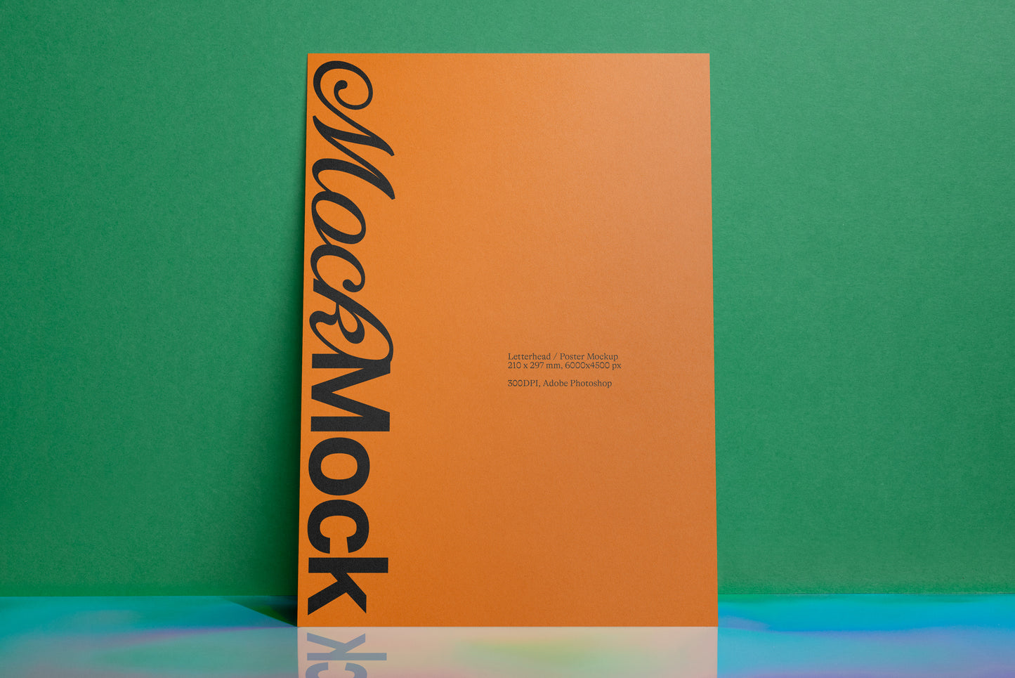 Orange A4 letterhead poster mockup sheet with vertical dark title text and small print
