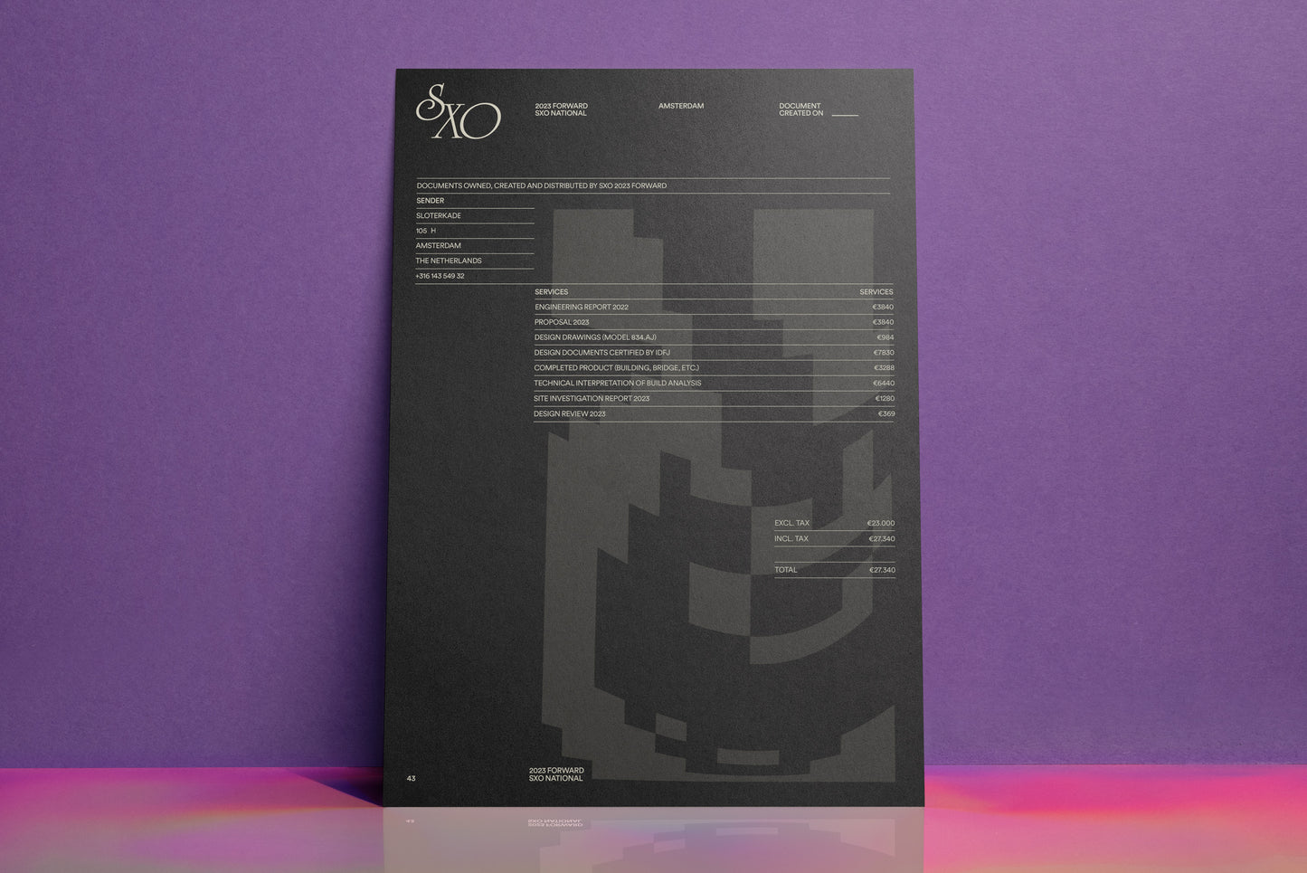 Purple A4 poster mockup sheet with dark text blocks and centered graphic