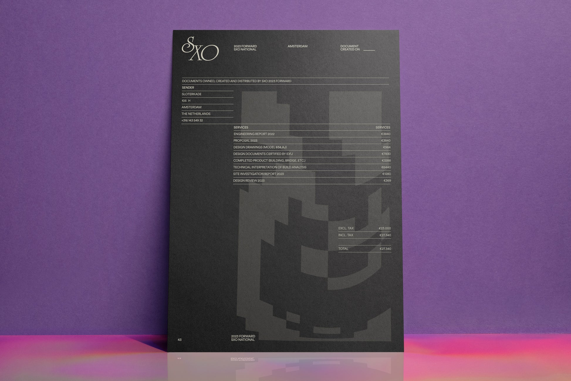 Purple A4 poster mockup sheet with dark text blocks and centered graphic