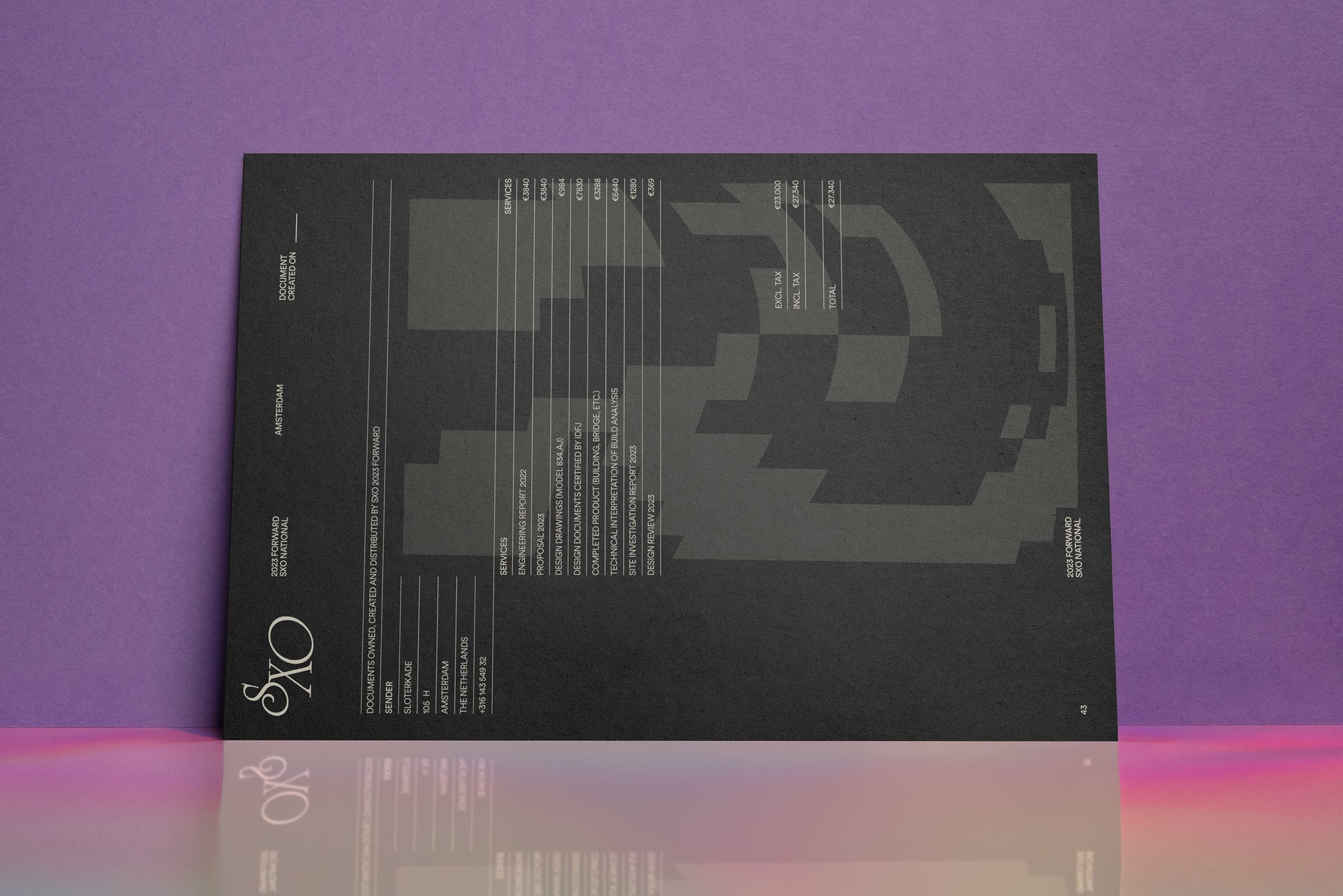 A4 landscape letterhead mockup, dark sheet with dense printed text and symbols