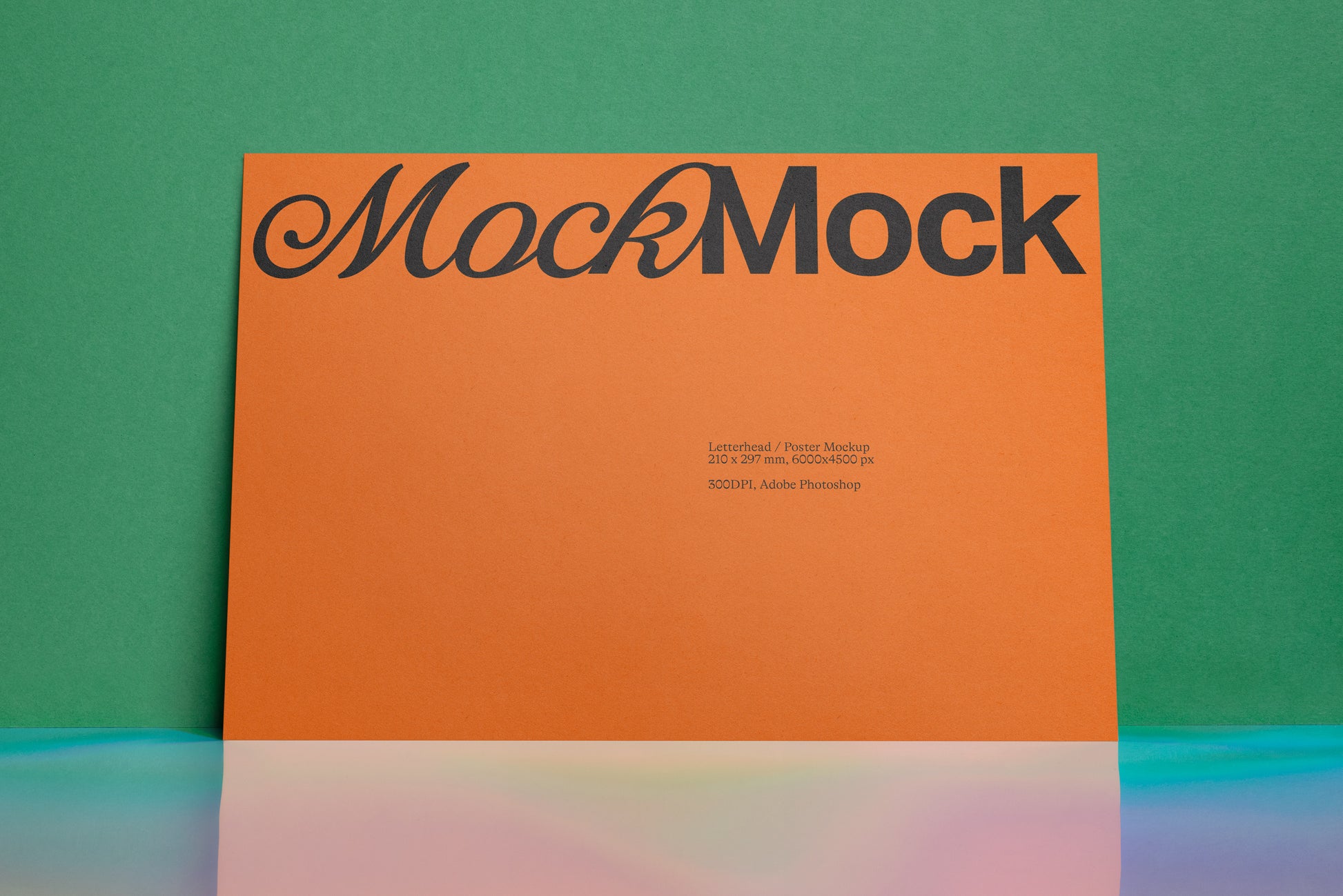 Orange stationery card mockup with MockMock logo centered