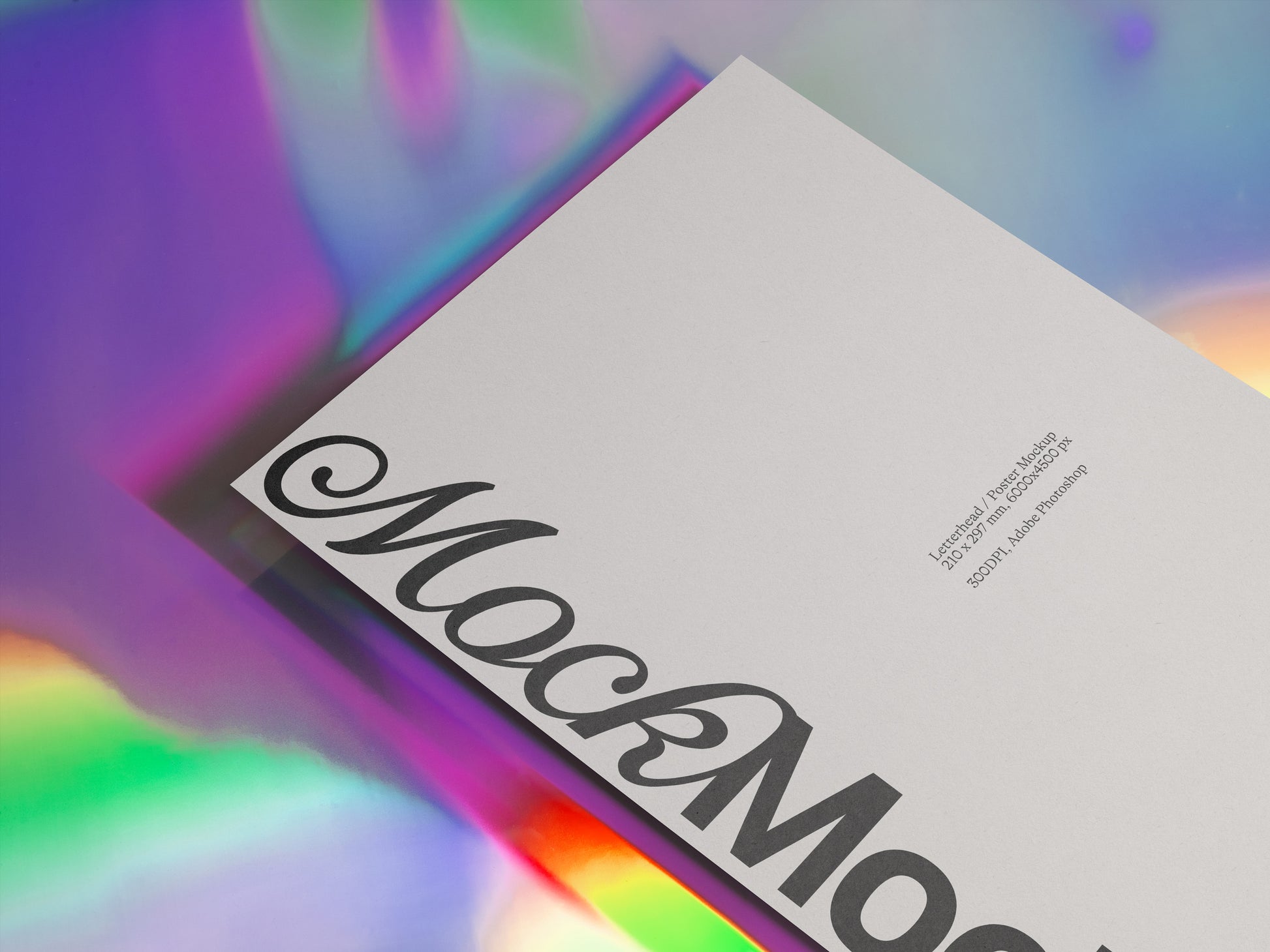 White stationery card mockup with large diagonal MockMock logo and text.