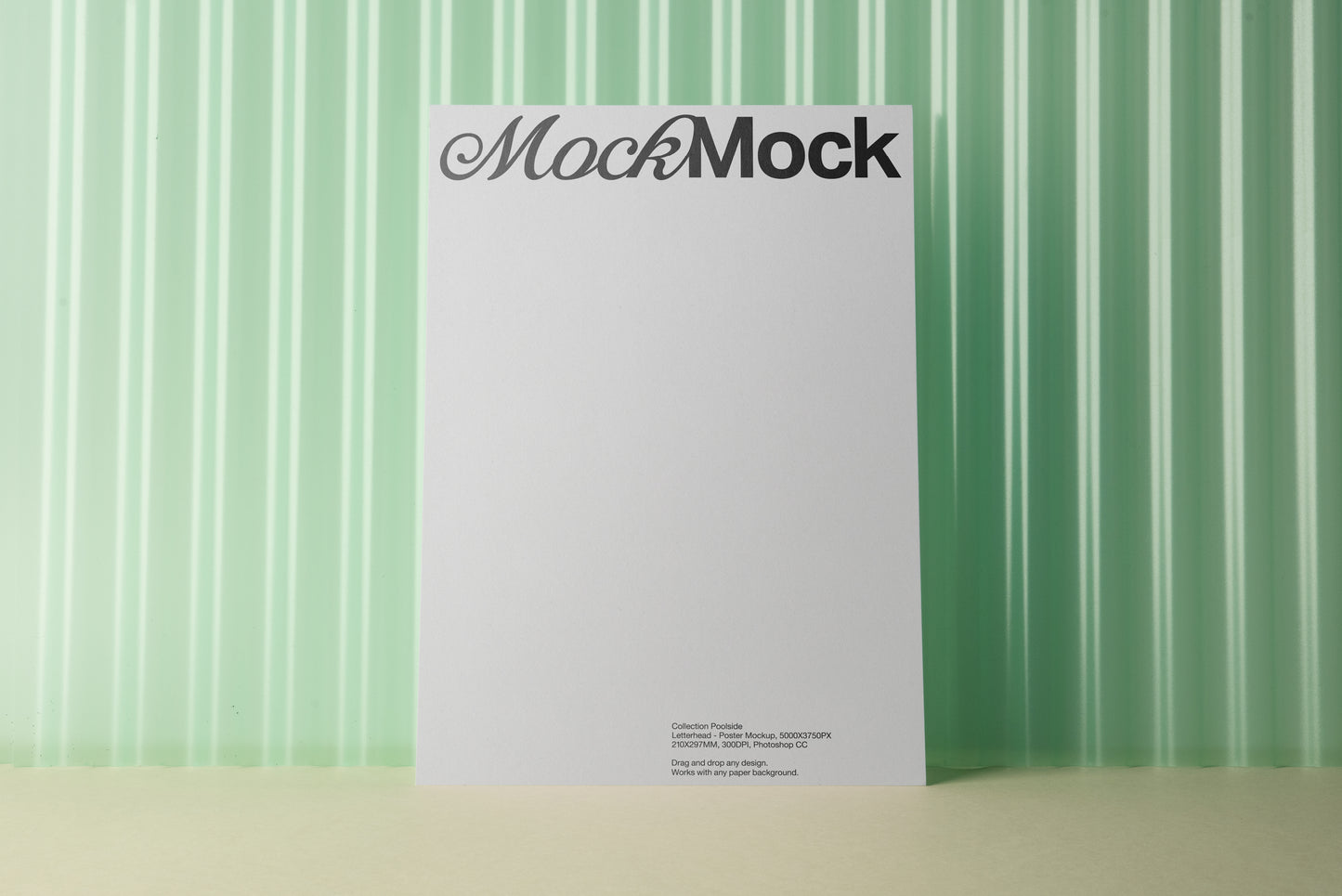 White A4 letterhead mockup sheet standing with MockMock header, small footer text