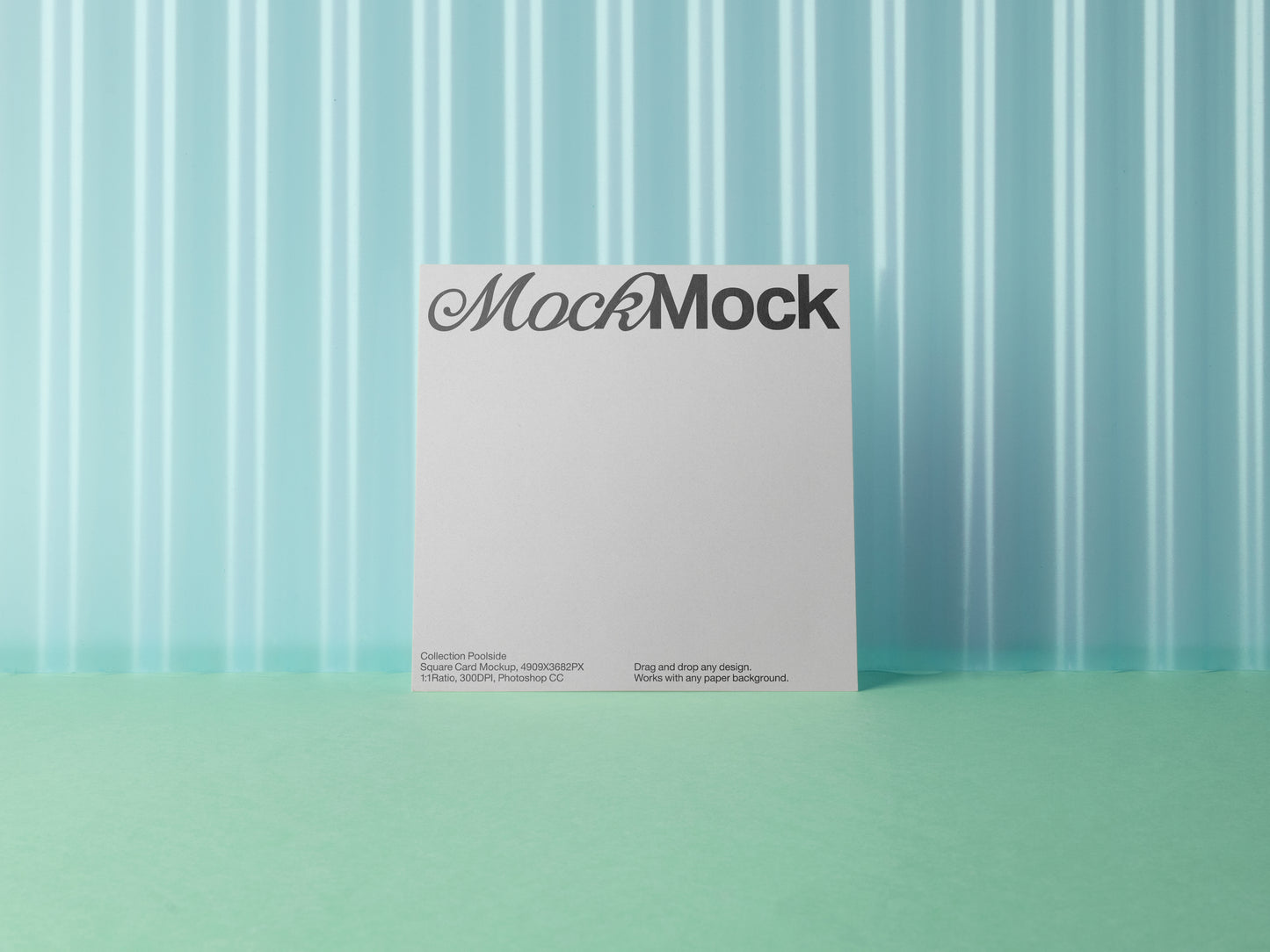 Square card mockup on a white card with MockMock header and fine print