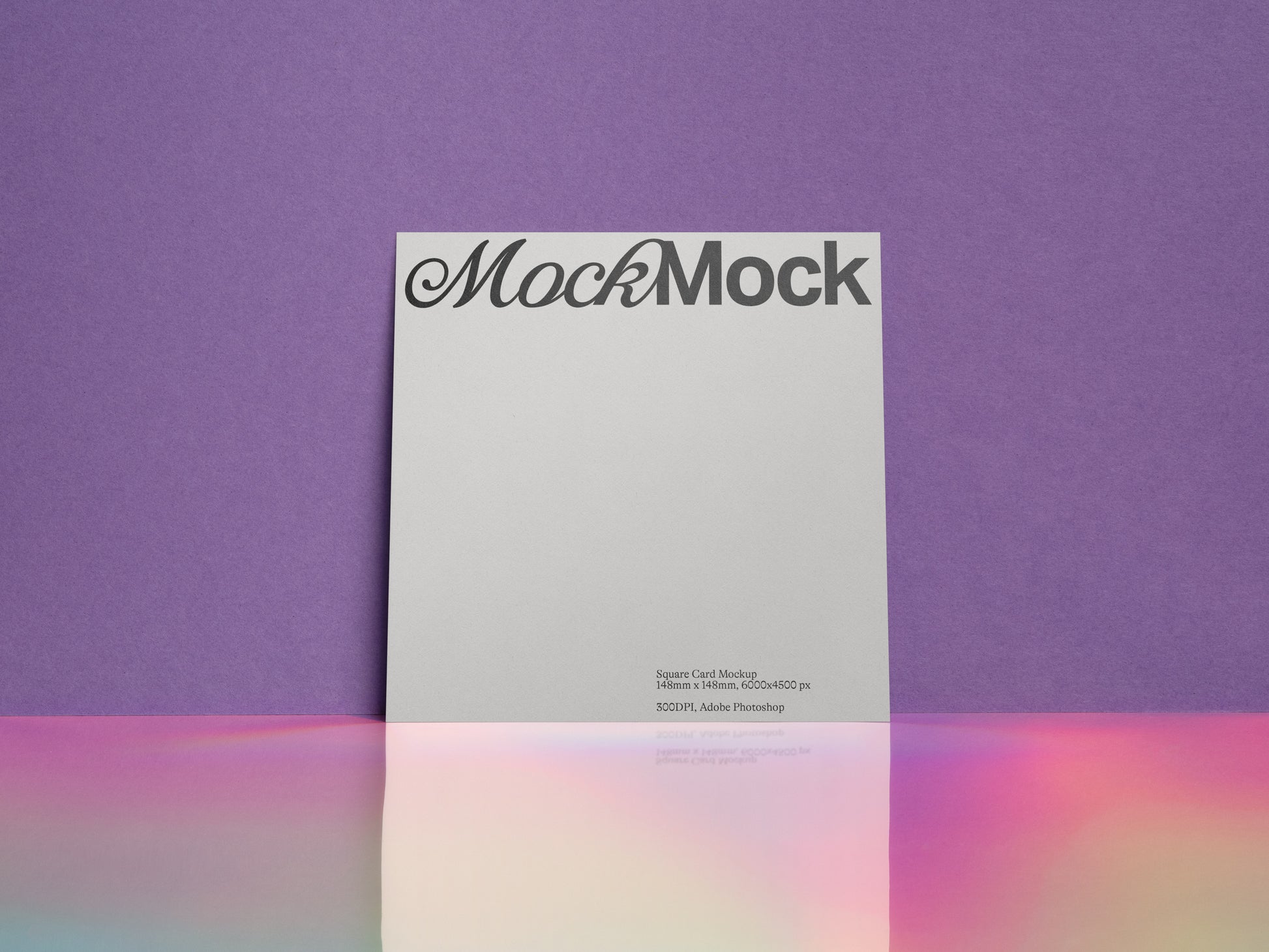 Square card mockup with “MockMock” text on white front and small footer details