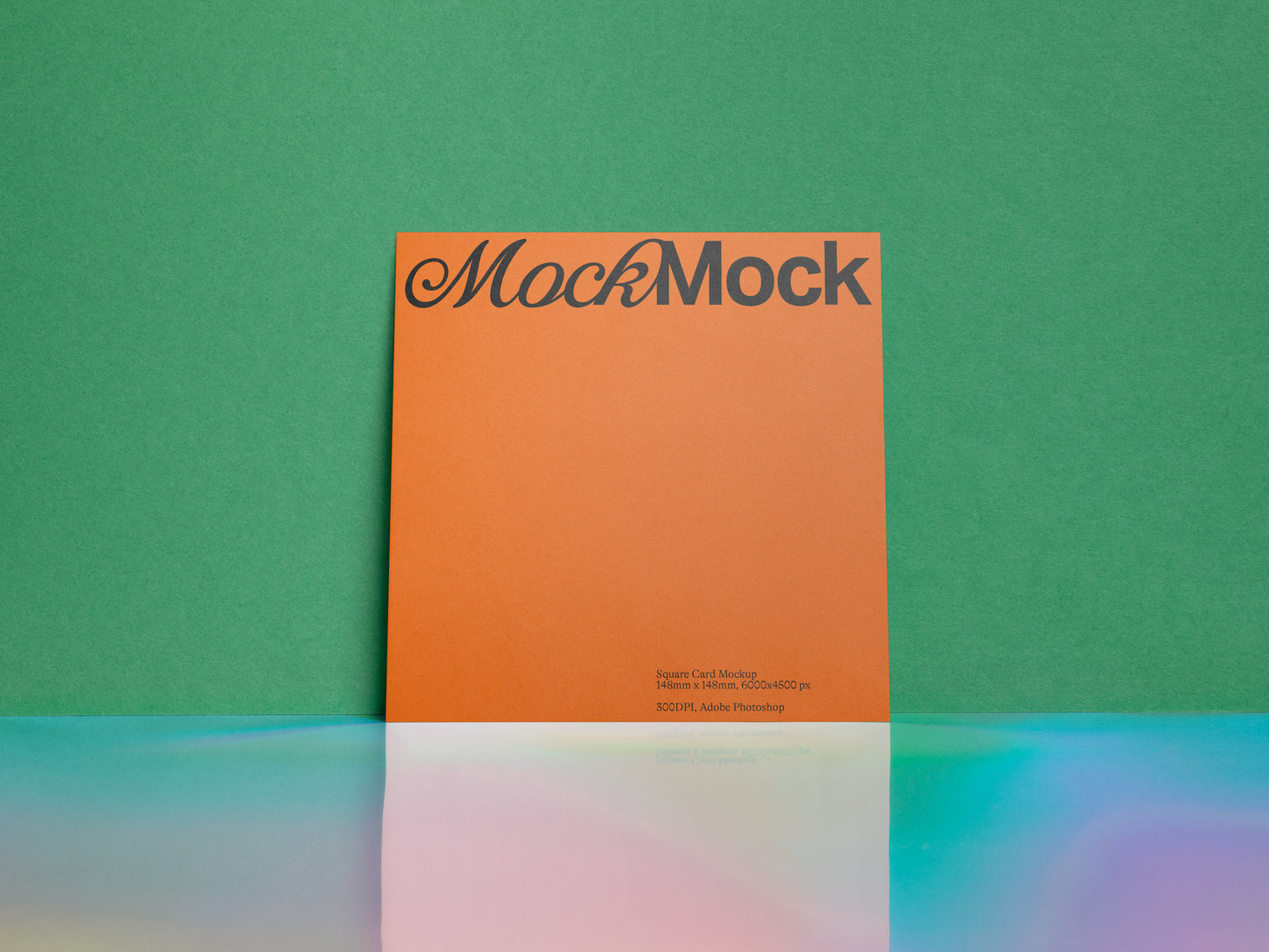 Square card mockup with orange front and “MockMock” title plus small footer text