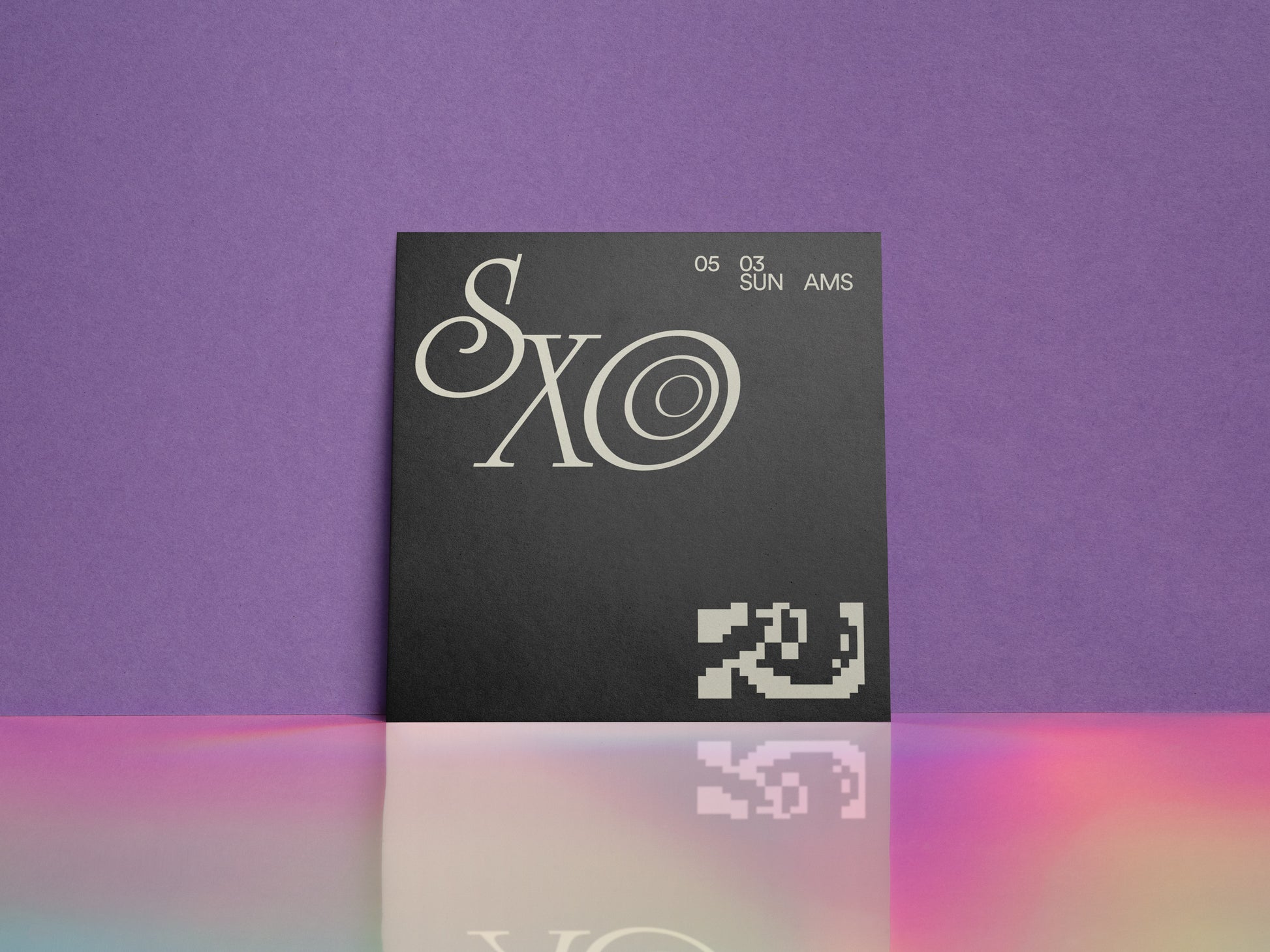 Square black card mockup with “SxO” logo, date text, and icon graphics