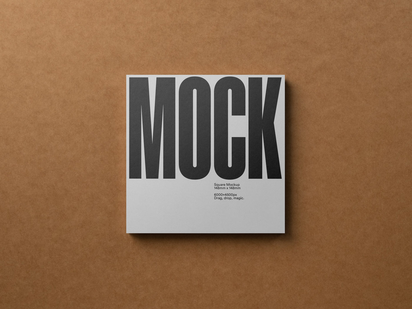 Square card with oversized gray 'MOCK' lettering and small centered lines of text