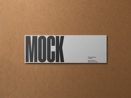 Ticket card mockup with gray 'MOCK' header and small details on white card